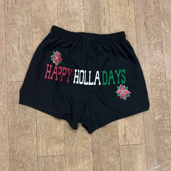 Black SOFFE Shorts Women's Medium ‘Happy Holla Days’ Christmas - Picture 1 of 3